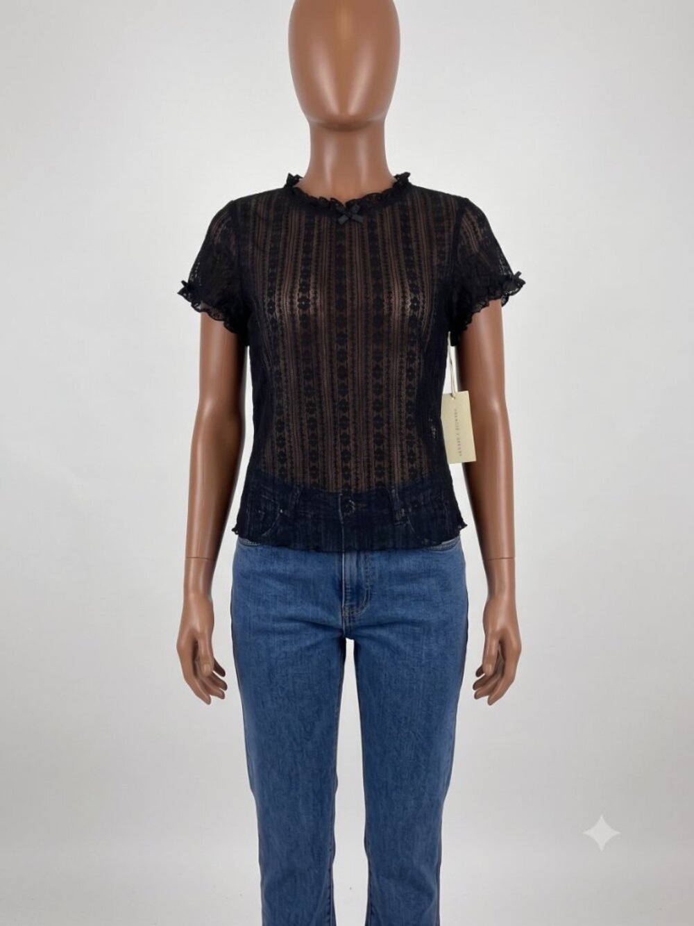 NWT Frankee & Skylarr Black Lace Vertical Striped Short Sleeve Ruffle Top L